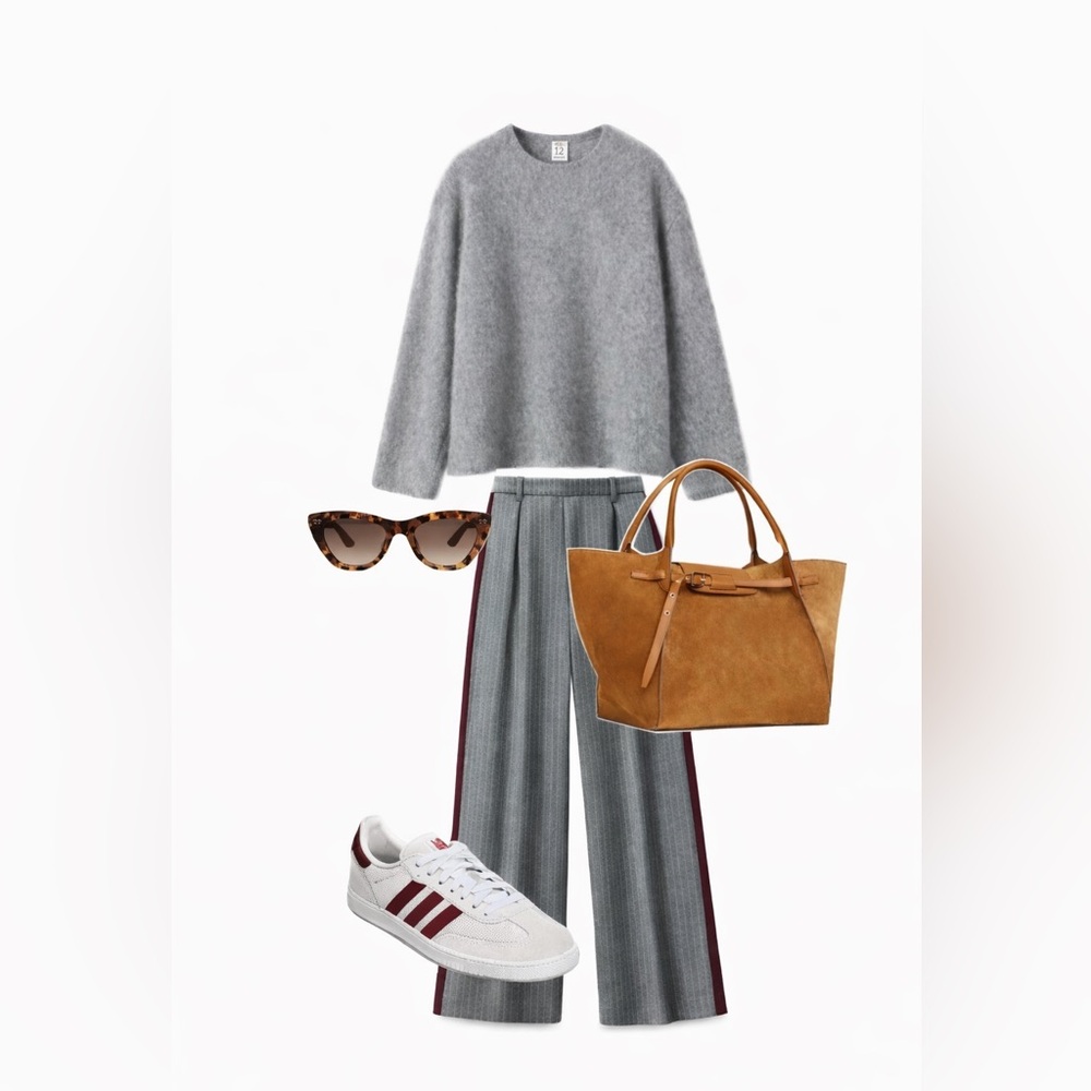 ZARA Grey Pinstripe Wide Leg Pants w/ Burgundy Side Stripe | Size M
